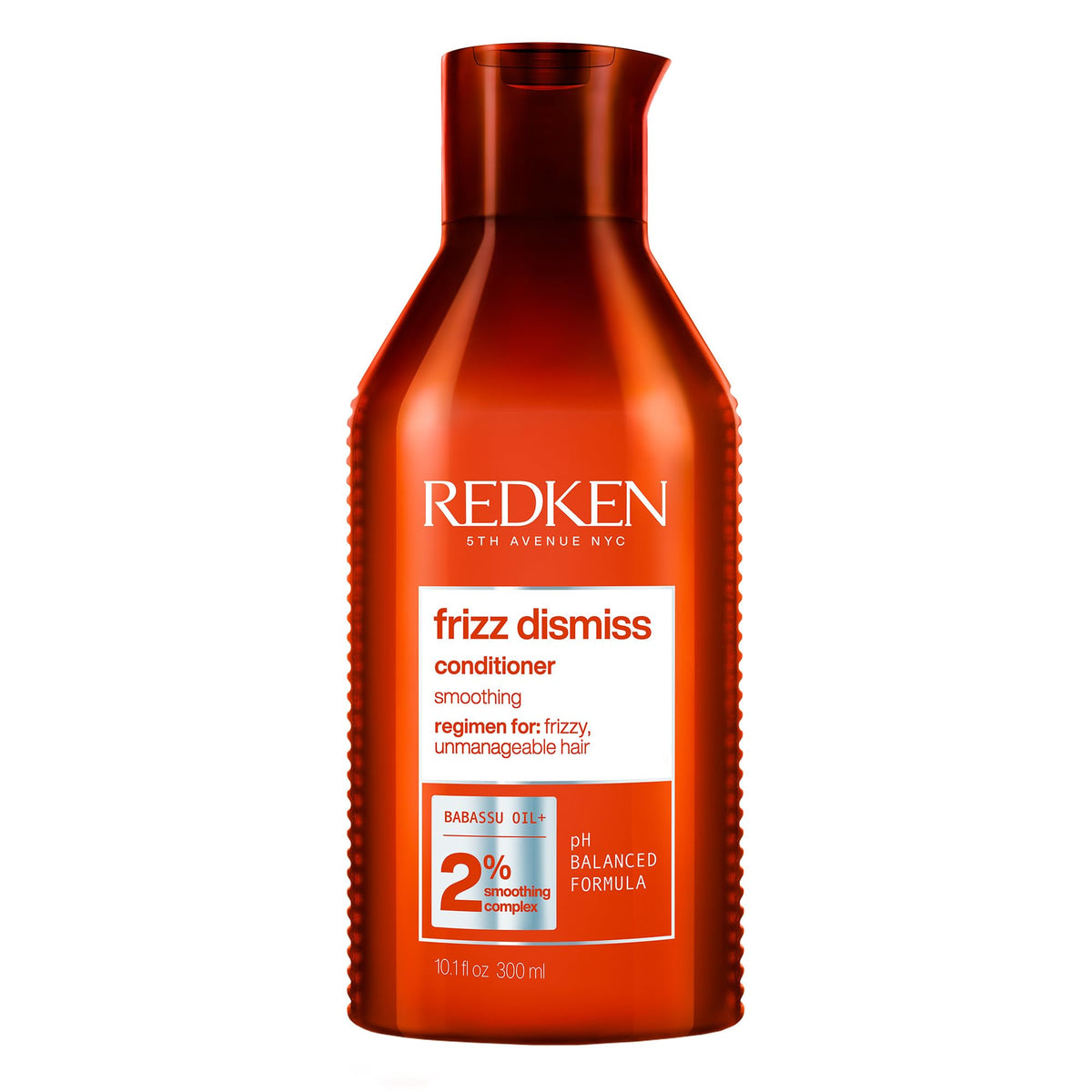 Redken bottle front packaging showing Frizz Dismiss branding and benefits