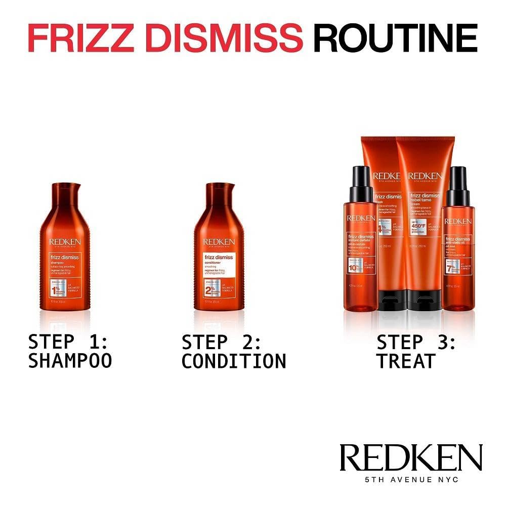 Redken applied to mid-lengths of hair reducing frizz and boosting shiny manageability