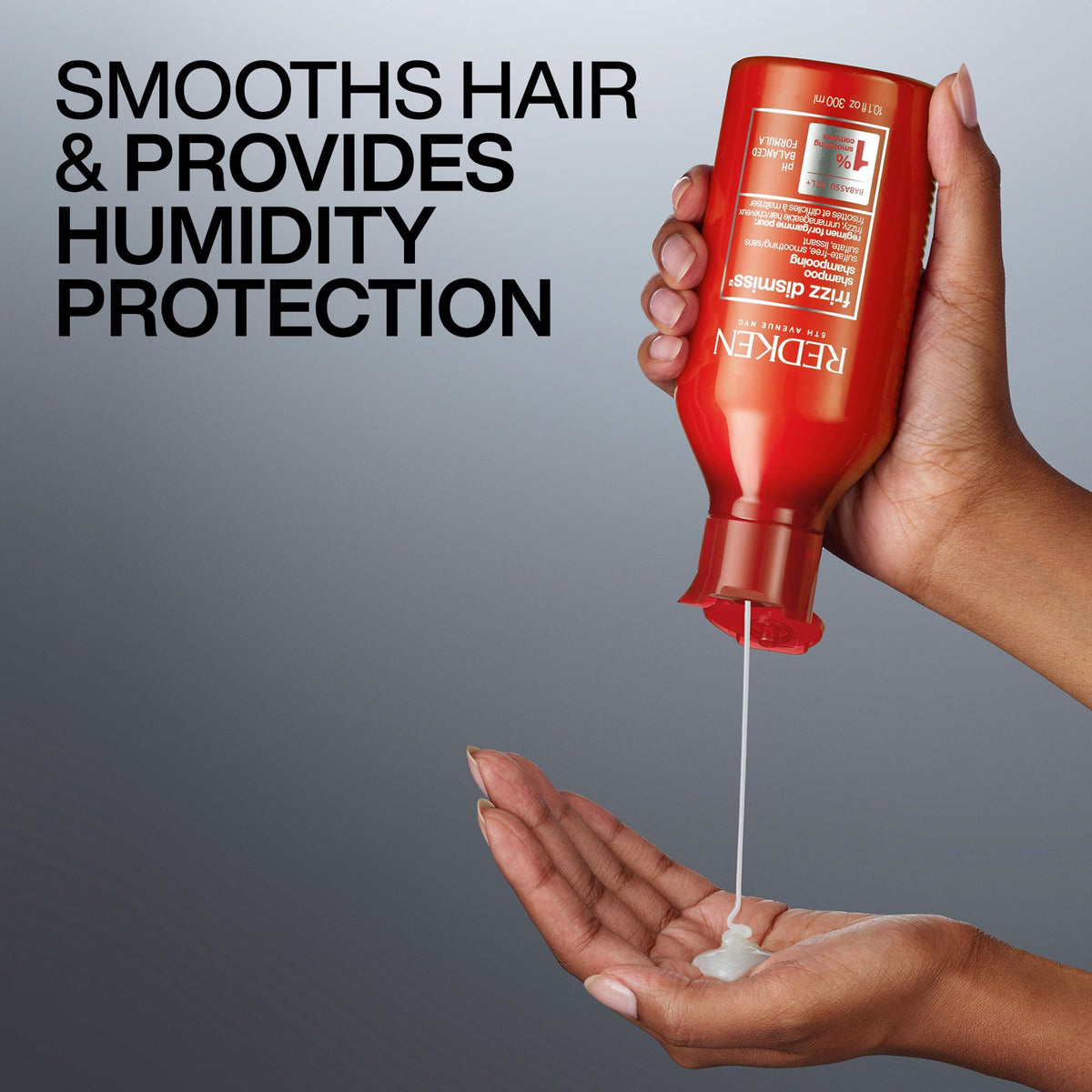 Redken shampoo paired with Frizz Dismiss conditioner for complete routine