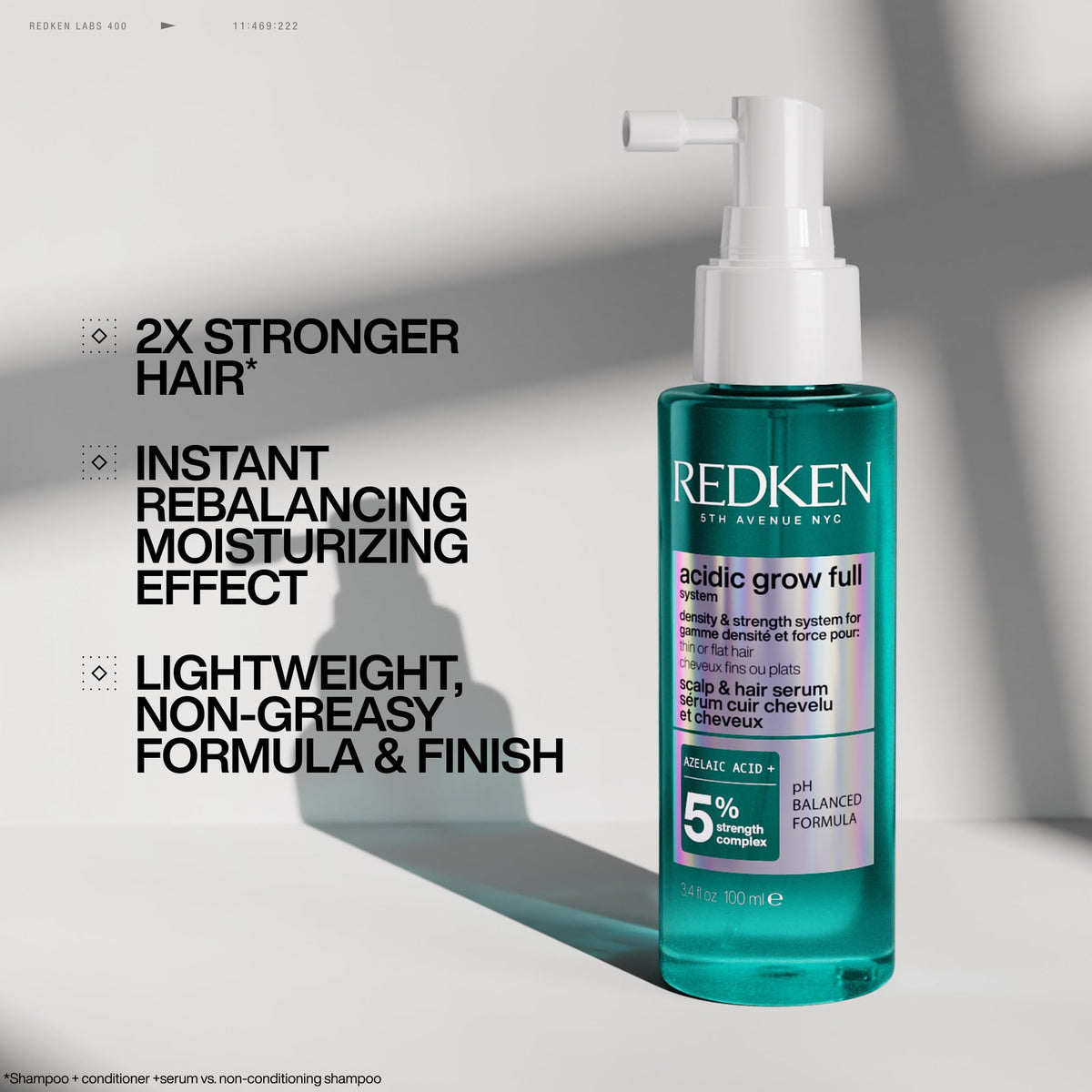 Redken hair before and after visual, suggests fuller thicker-looking hair benefit
