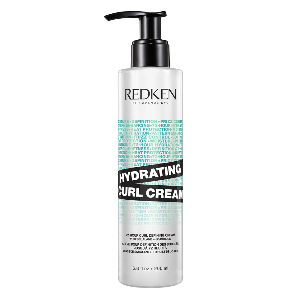 Redken front bottle shot showing curl cream branding and size, promotes hydration