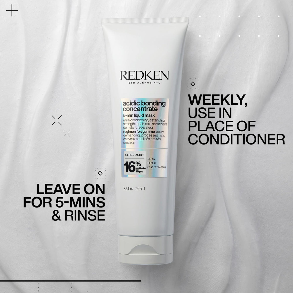 Redken mask bottle next to everyday items showing 8.5 fl oz scale