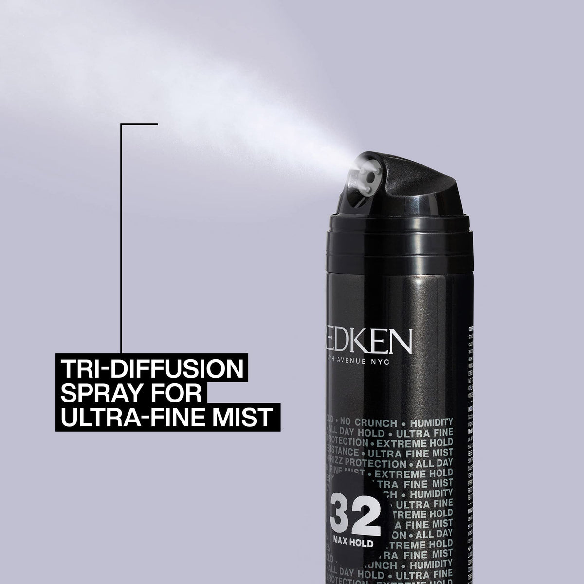 Redken Max Hold Hairspray 32 fine mist close-up demonstrating even coverage and fast dry