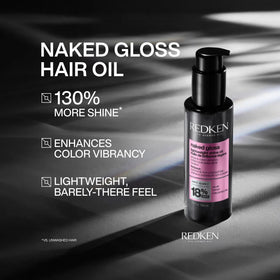 Redken Naked Gloss oil pouring droplets to show lightweight application benefit