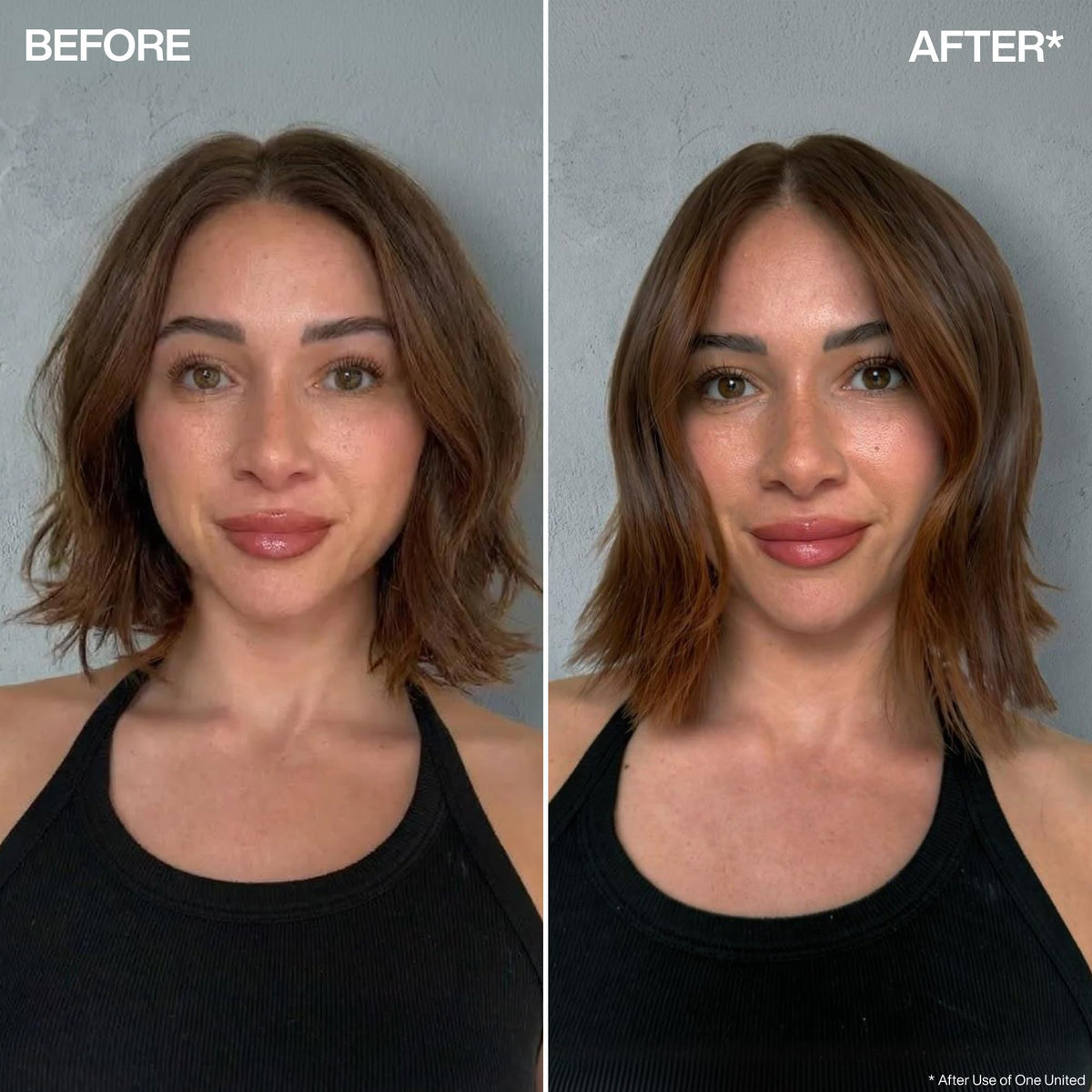 Redken before and after hair comparison illustrating detangling and shine benefits