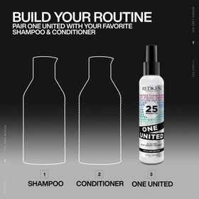 Redken One United next to a 5 fl oz scale to show size