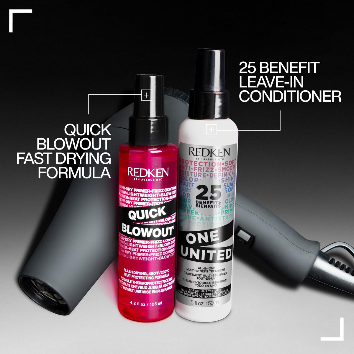 Redken bottle on bathroom vanity styled with fresh towels and light