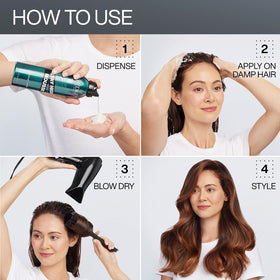 Redken stay high being applied to damp hair concentrating at roots for fuller shape