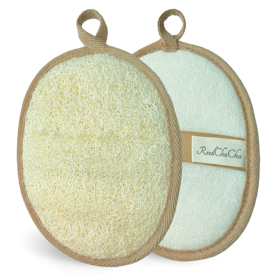 ReedChacha front packaging showing two loofah pads and recyclable box benefit