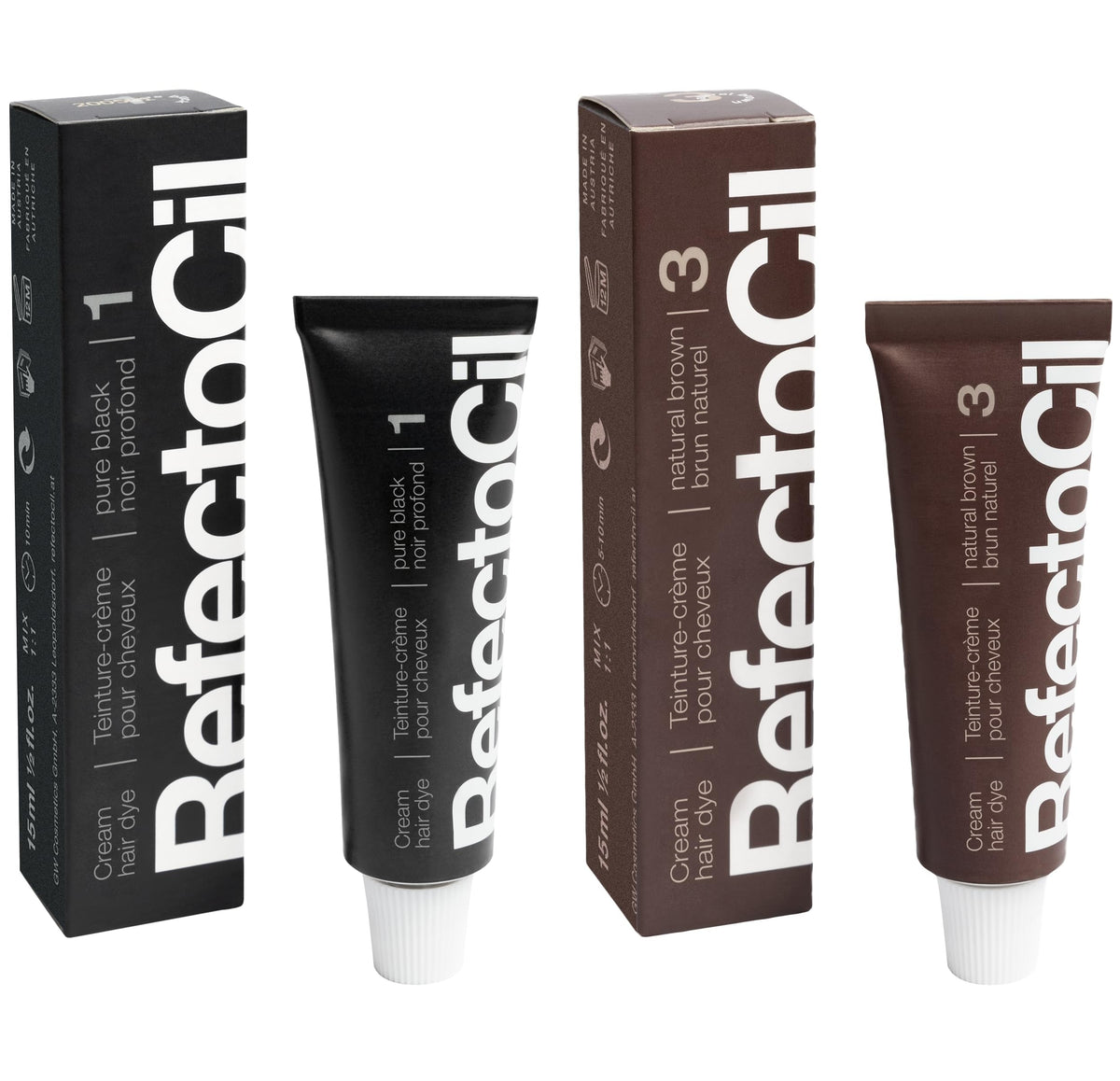 RefectoCil front packaging showing black and natural brown tubes, clear product identification and professional look