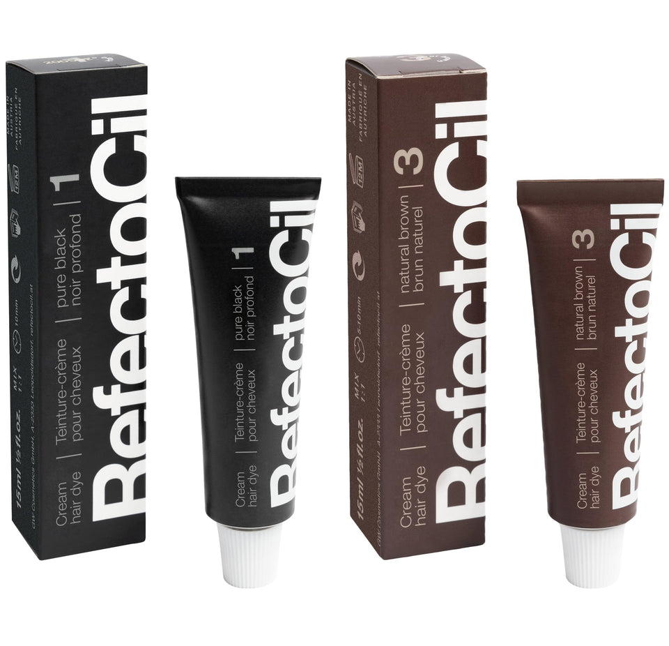 RefectoCil front packaging showing black and natural brown tubes, clear product identification and professional look