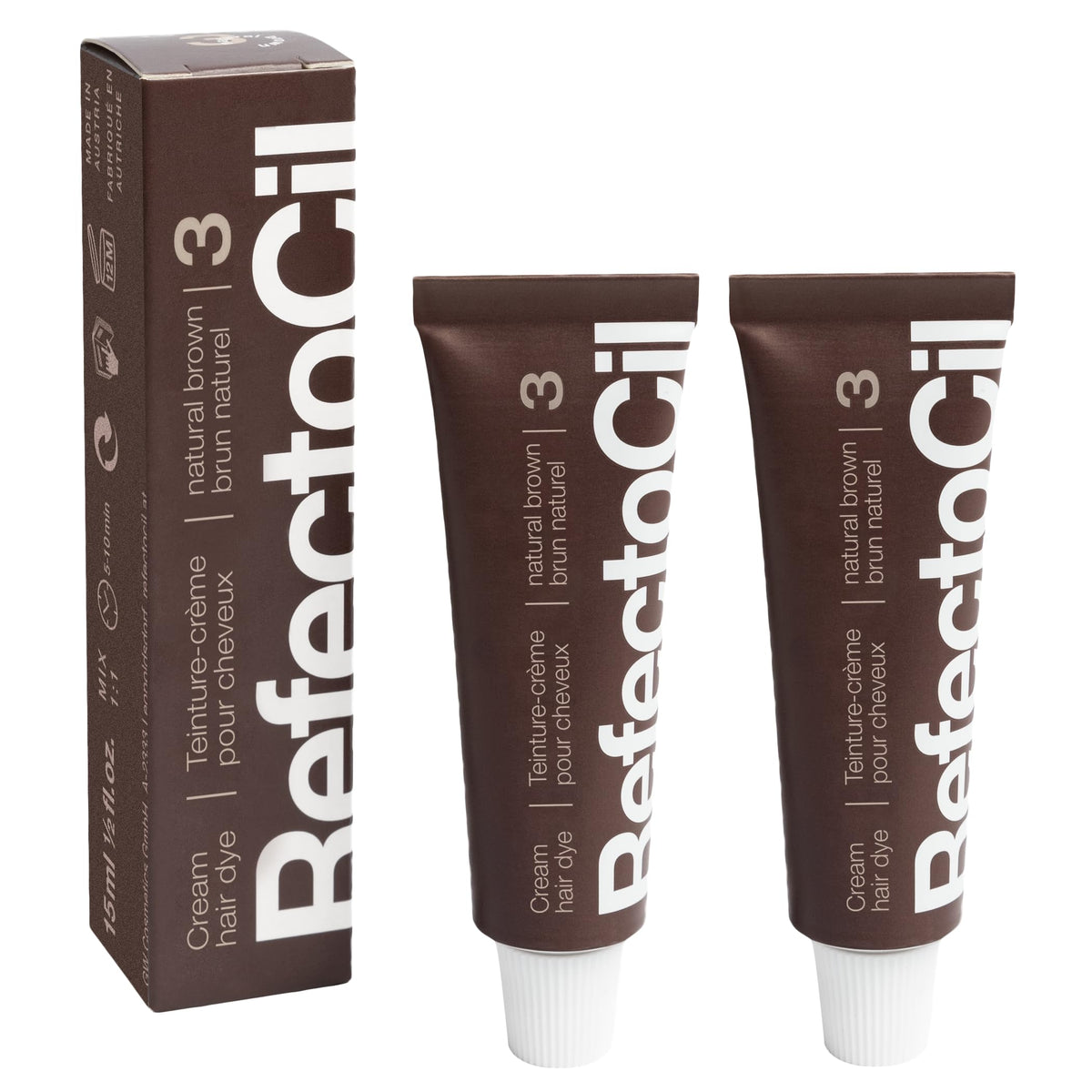 RefectoCil front packaging showing two tubes of Natural Brown, clear long-lasting color