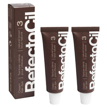 RefectoCil front packaging showing two tubes of Natural Brown, clear long-lasting color