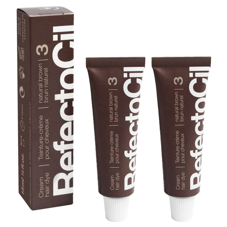 RefectoCil front packaging showing two tubes of Natural Brown, clear long-lasting color