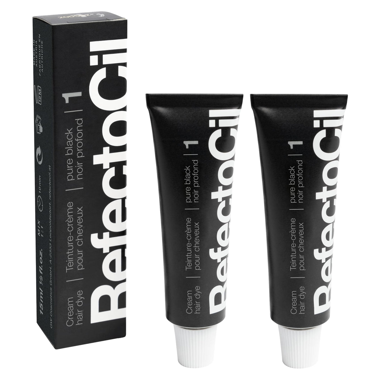 RefectoCil Pure Black front packaging showing two tubes and professional color benefit