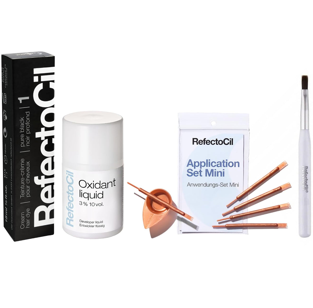 RefectoCil packaging showing Pure Black kit contents and benefit of complete set