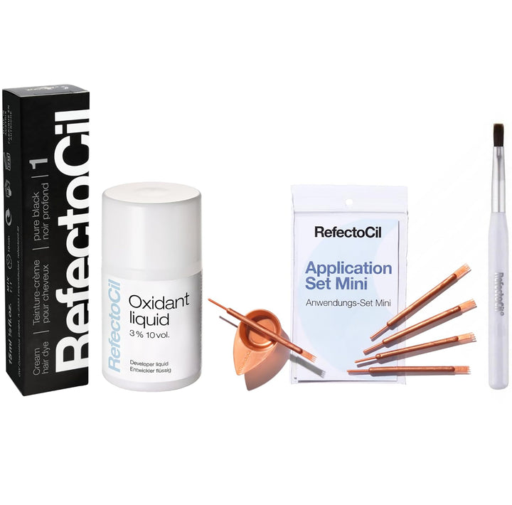 RefectoCil packaging showing Pure Black kit contents and benefit of complete set