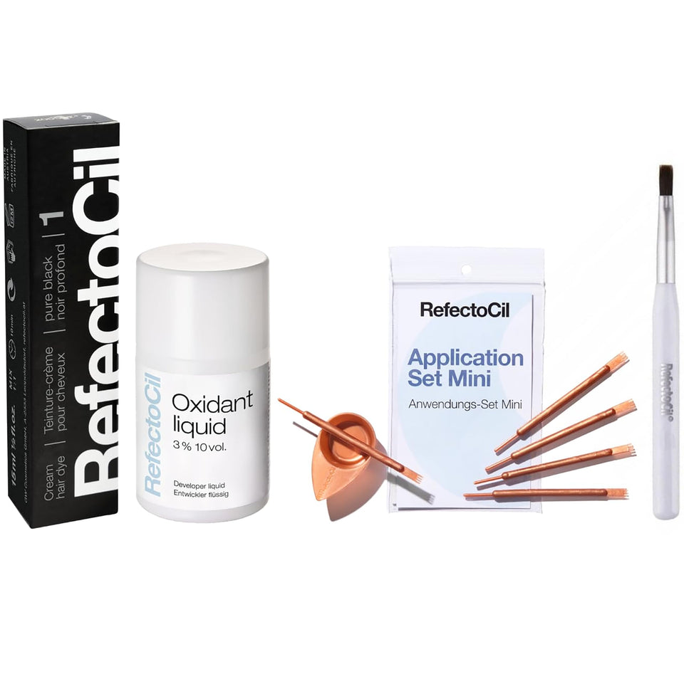 RefectoCil packaging showing Pure Black kit contents and benefit of complete set