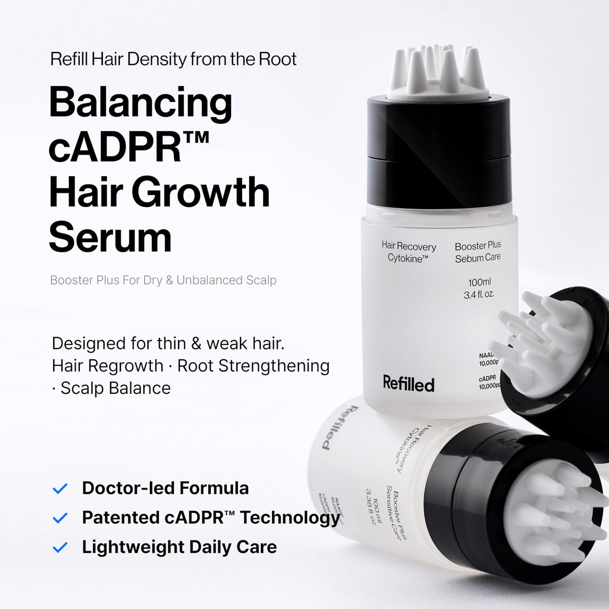 Refilled before and after scale comparison illustrating fuller-looking hair