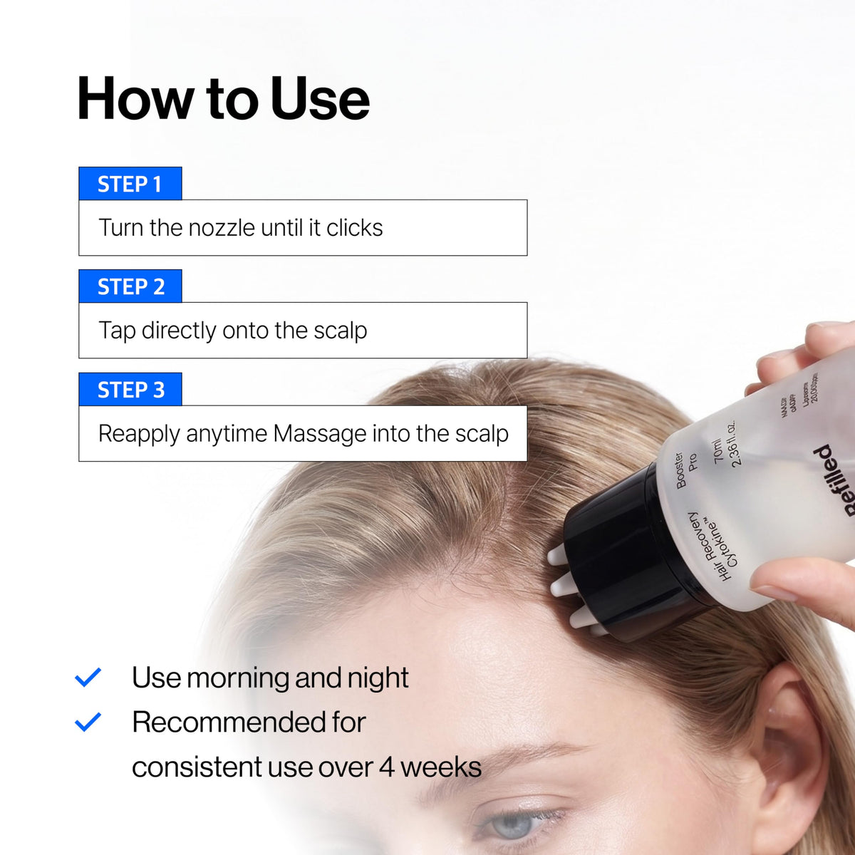Refilled product on bathroom shelf ready for daily scalp care routine