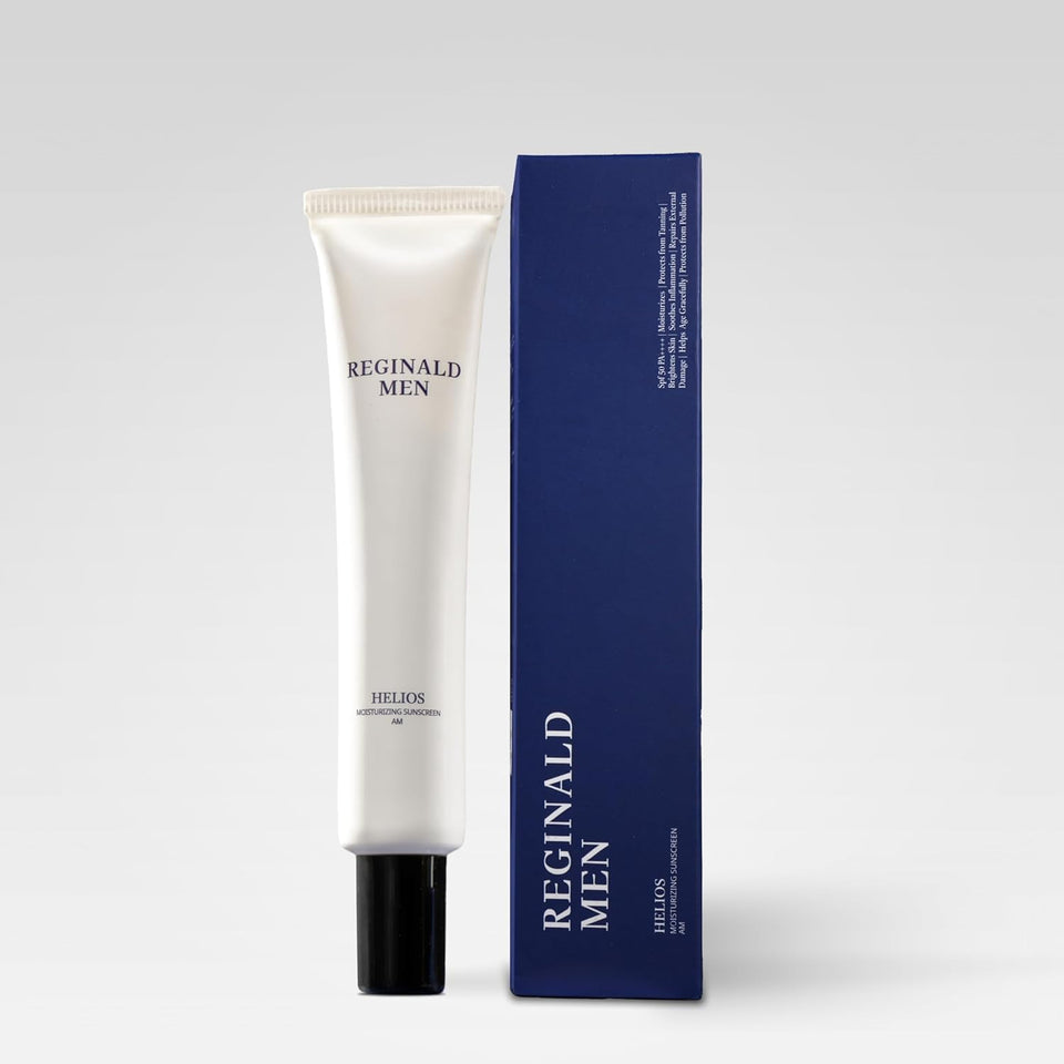 Reginald Men Helios front packaging showing SPF protection and sleek design
