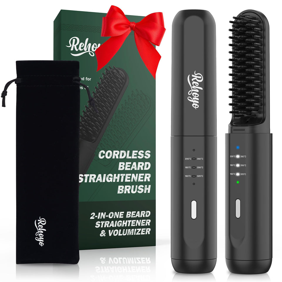 REHOYO front view of cordless beard straightener showing sleek design and benefit quick styling