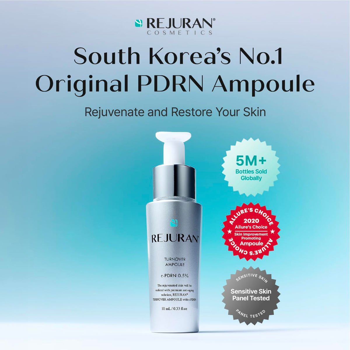 REJURAN ampoule droplet on finger illustrating lightweight absorption benefit