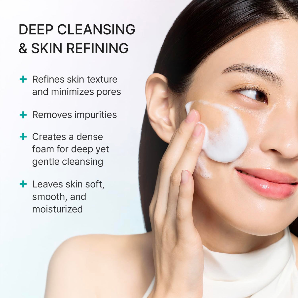 REJURAN foam texture close-up demonstrating soft lather and gentle cleansing action