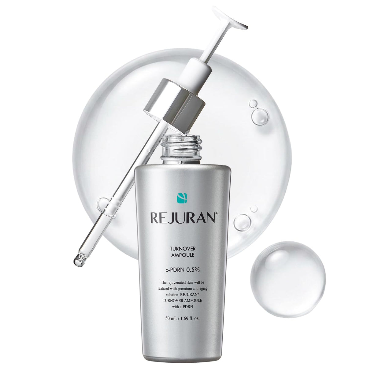 REJURAN front bottle shot showing sleek ampoule packaging and clear branding benefit: visible professional treatment