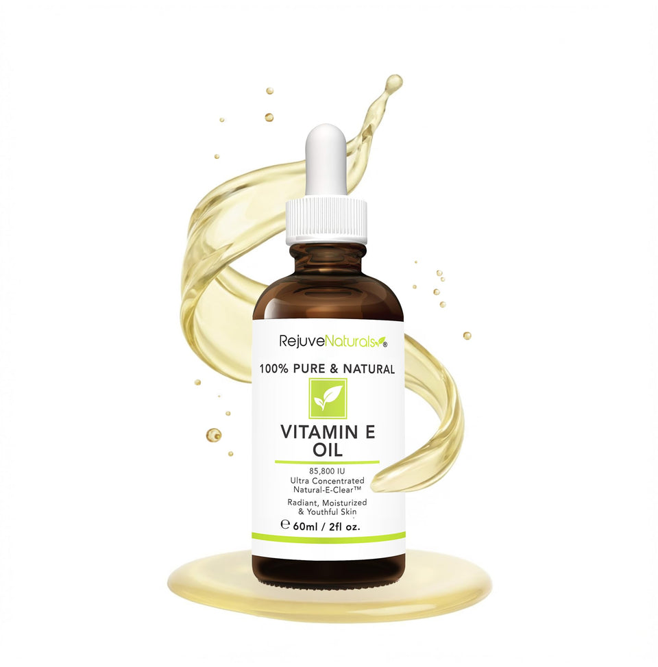 RejuveNaturals front bottle showing pure vitamin E oil for hydrated skin