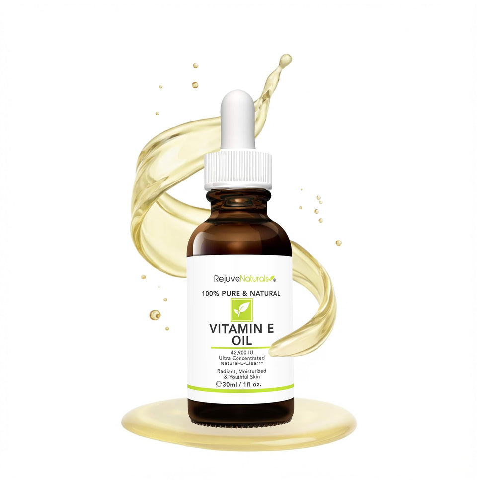 RejuveNaturals bottle front view showing pure Vitamin E oil and clean packaging benefit