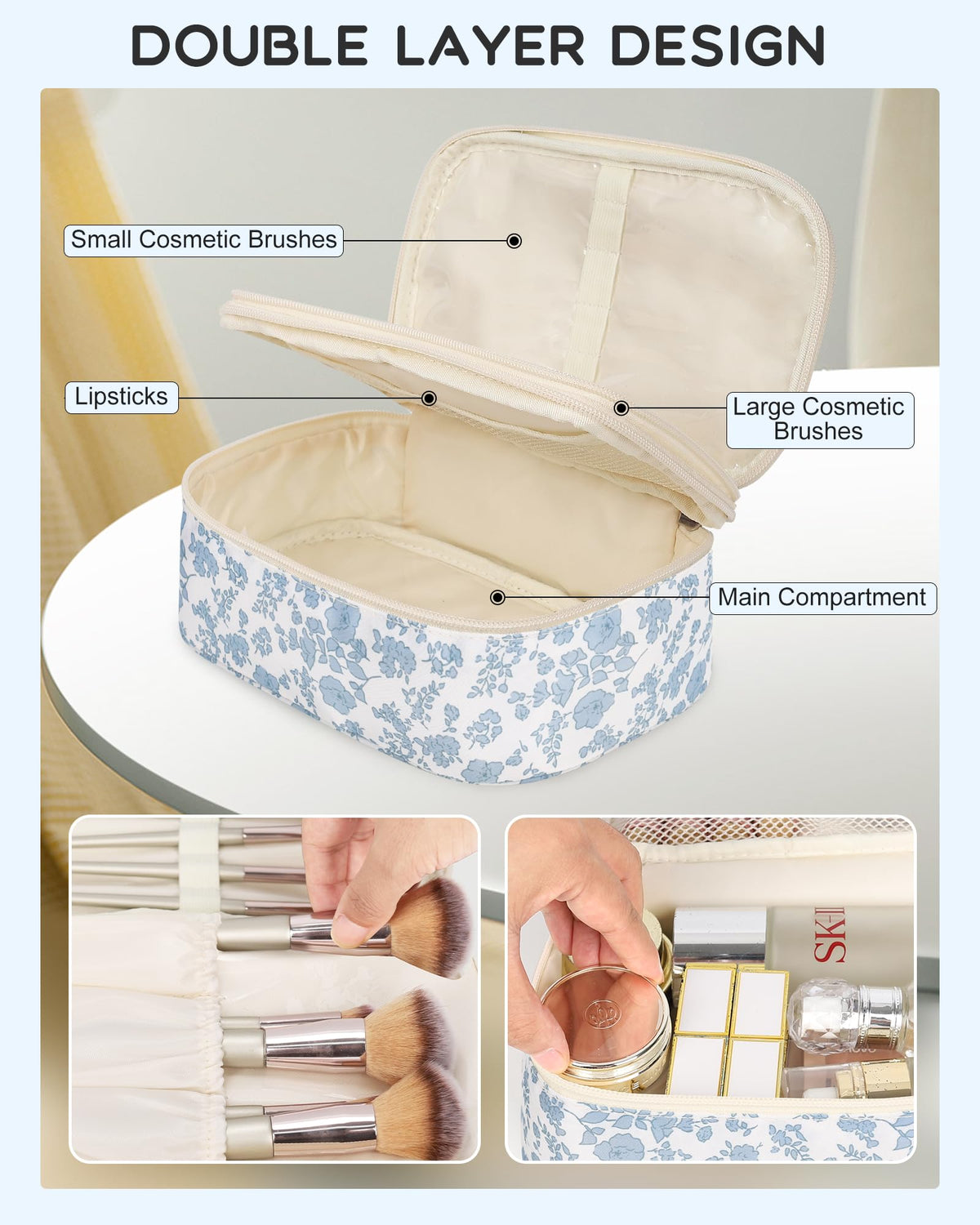 Relavel lower compartment with mesh pockets keeps tubes and bottles organized