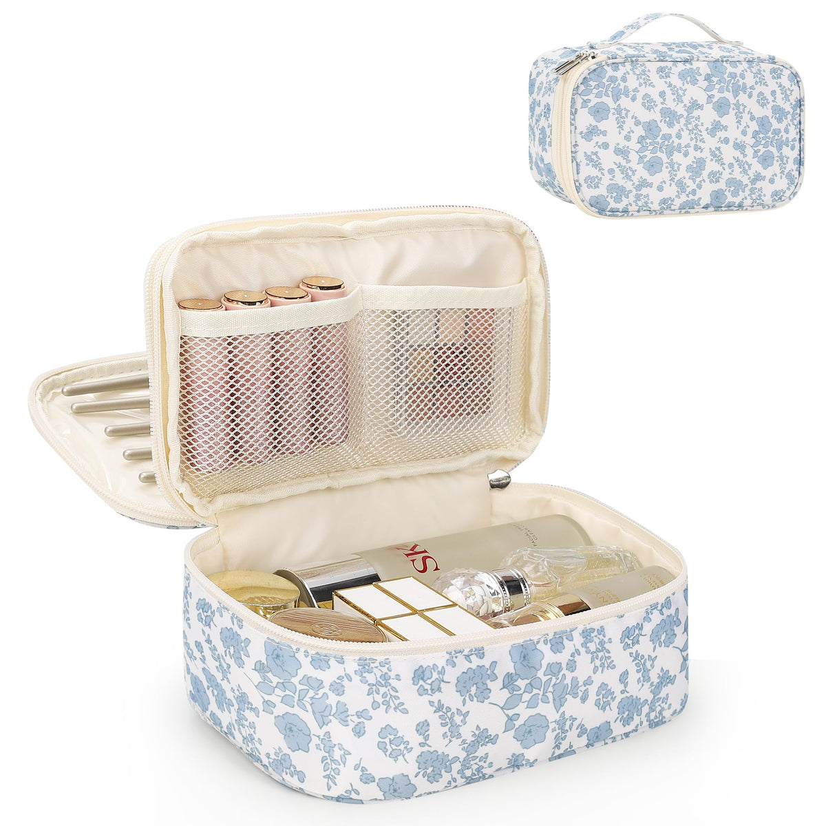 Relavel front view of floral travel makeup bag showing compact organization benefit