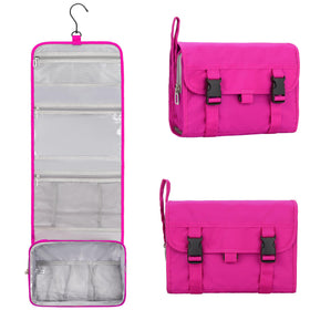 Relavel front view of hot pink toiletry bag showing compact design and color