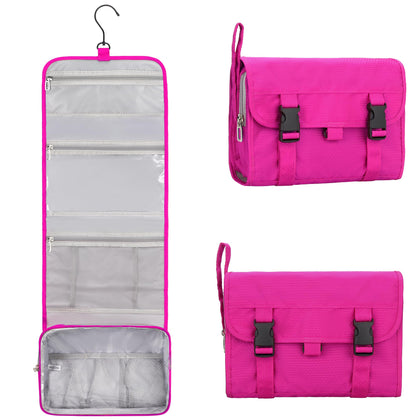 Relavel front view of hot pink toiletry bag showing compact design and color