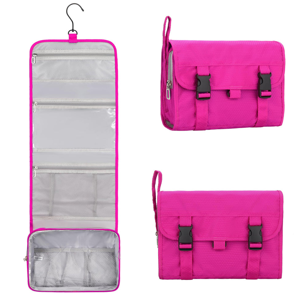 Relavel front view of hot pink toiletry bag showing compact design and color