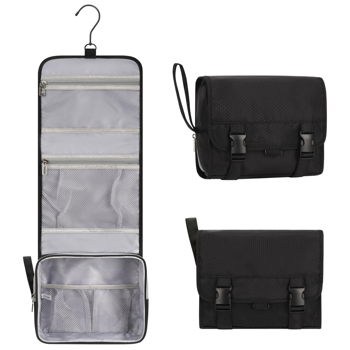 Relavel front view closed compact toiletry bag showing sleek black exterior and zipper benefit