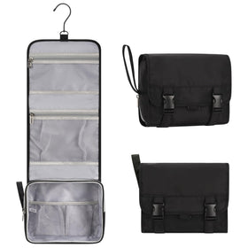 Relavel front view closed compact toiletry bag showing sleek black exterior and zipper benefit