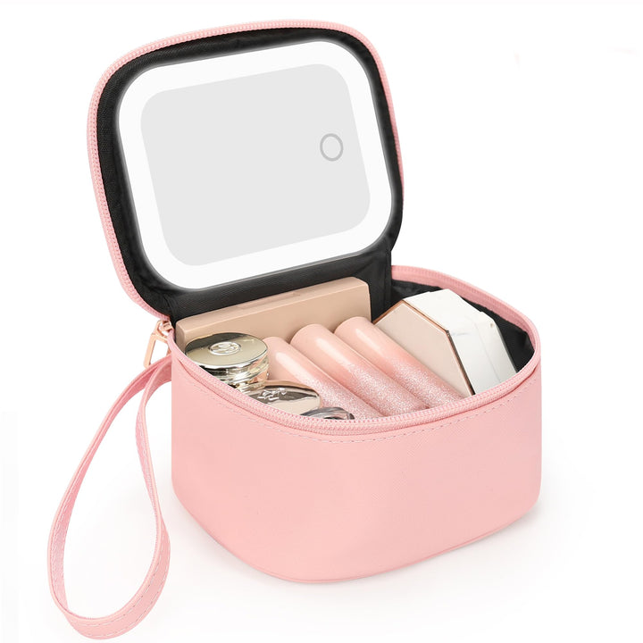Relavel front view pink pouch showing compact design and portability