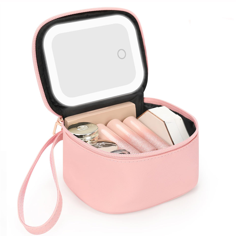 Relavel front view pink pouch showing compact design and portability