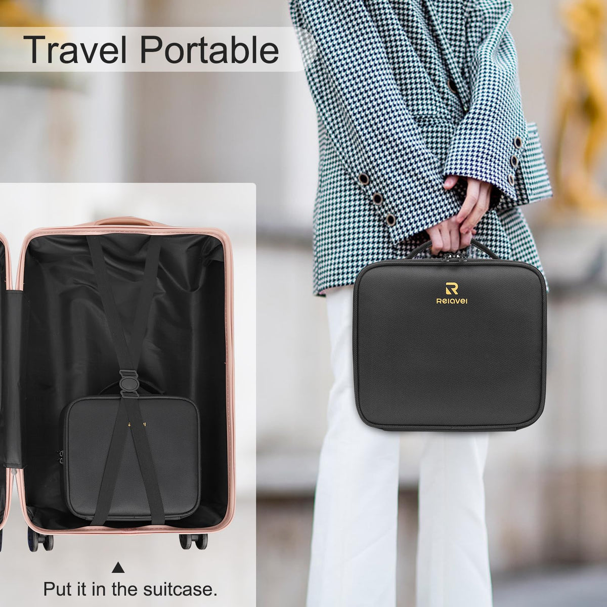 Relavel case packed inside a suitcase demonstrating travel readiness