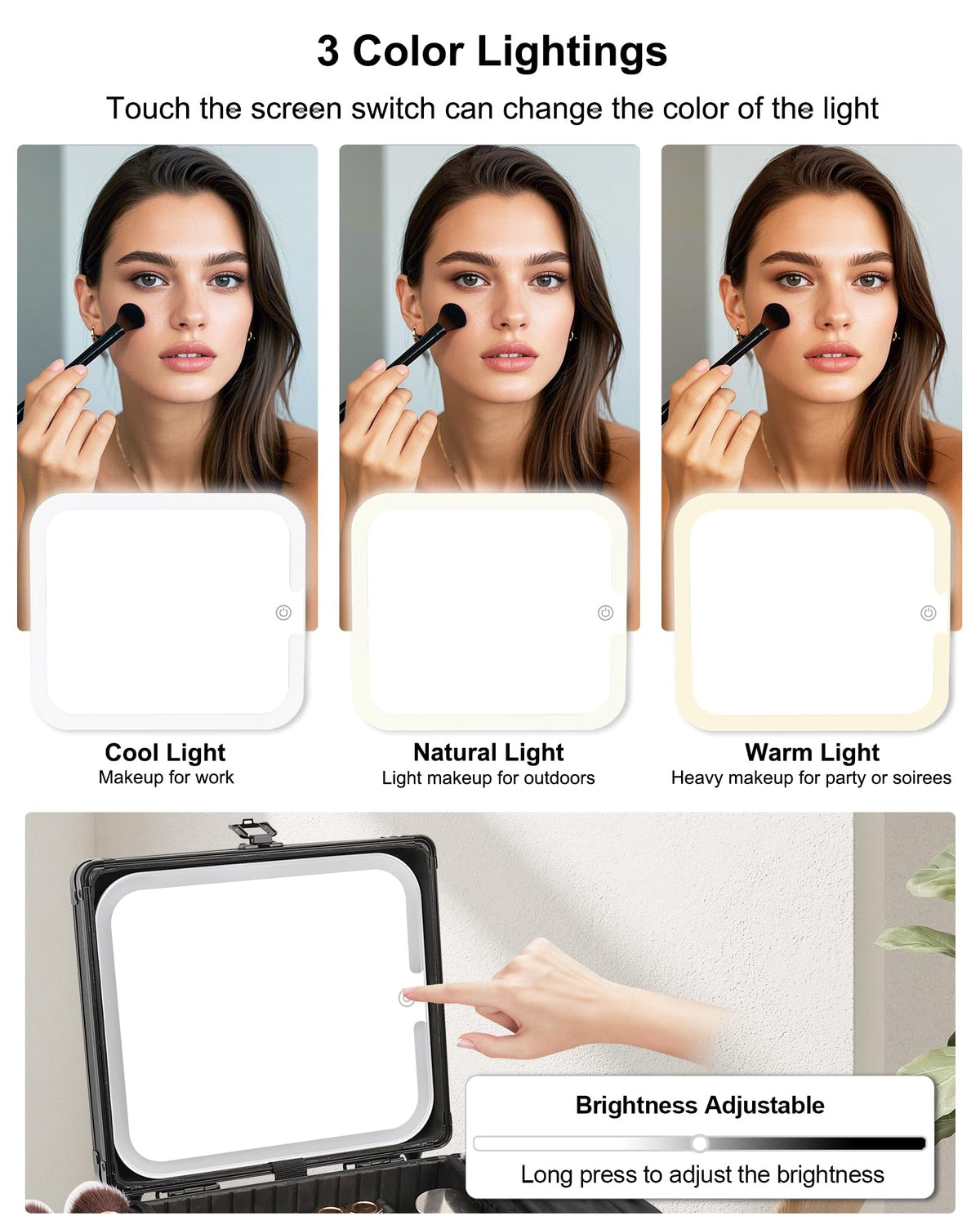 Relavel LED mirror closeup with three-color lighting for precise application