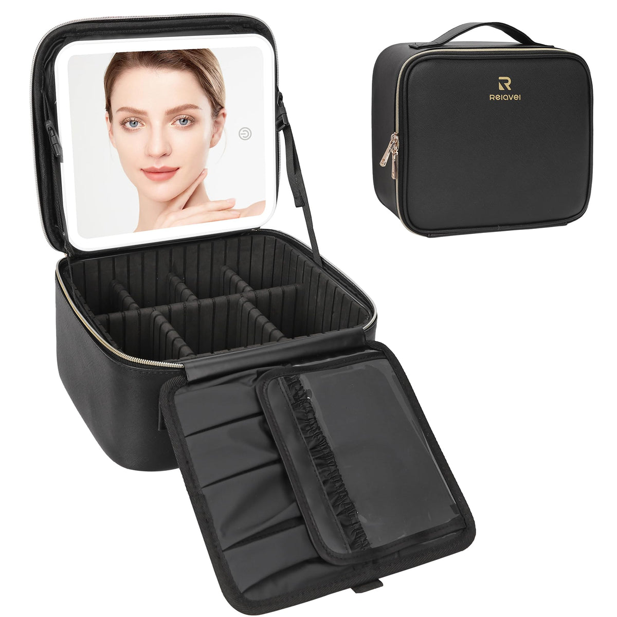 Relavel lifestyle vanity setup with mirror lit for clear makeup application anywhere