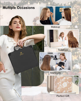 Relavel on tabletop lifestyle shot staged for travel-ready makeup setup