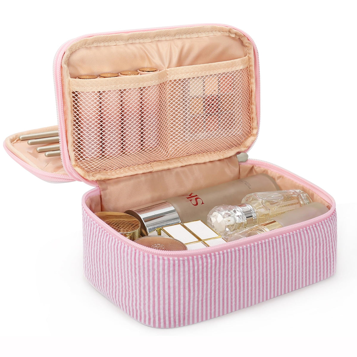 Relavel front view of pink makeup bag showing compact size and stripe pattern for neat travel