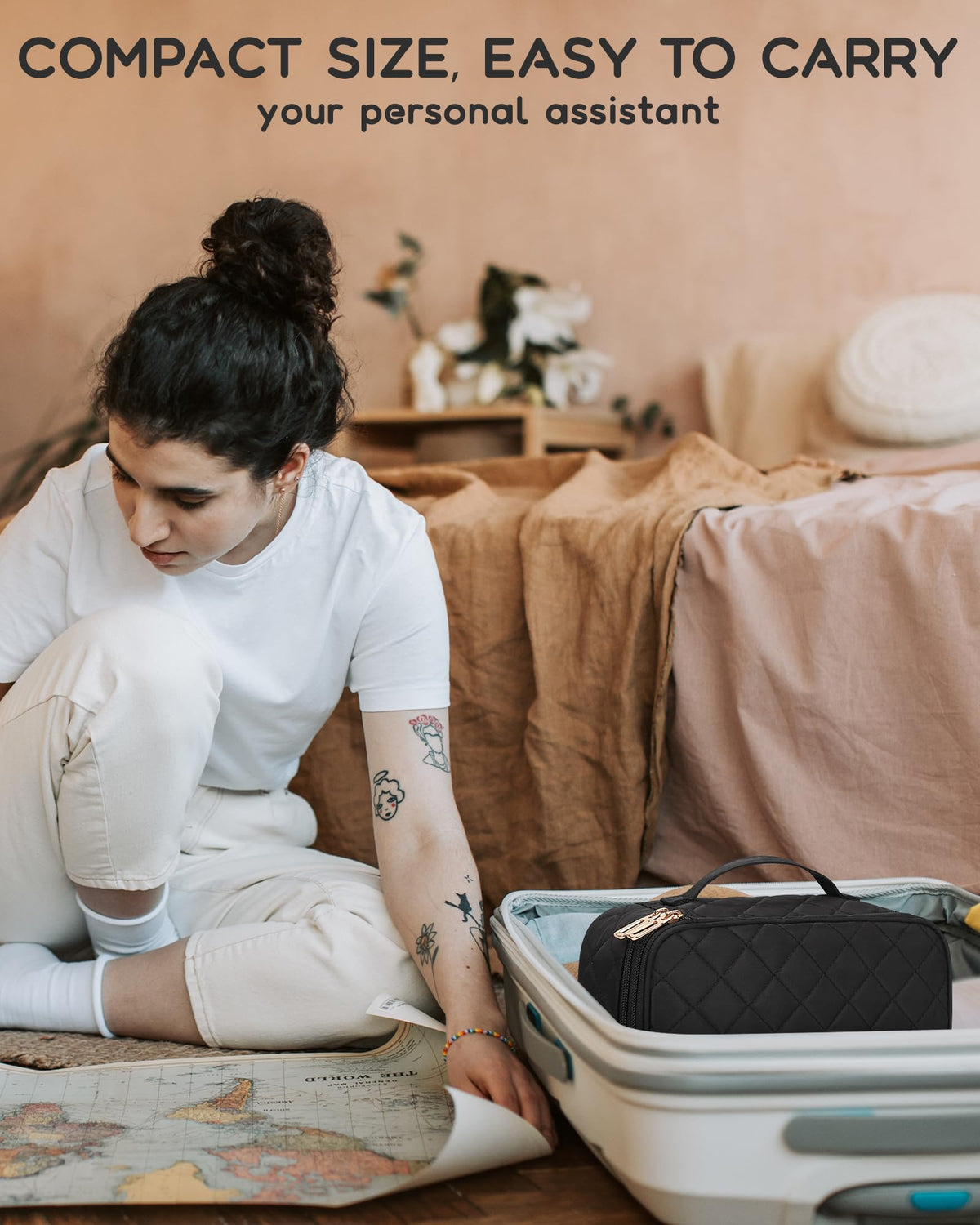 Relavel size comparison in hand illustrating compact dimensions for carry-on convenience