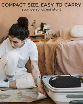 Relavel size comparison in hand illustrating compact dimensions for carry-on convenience