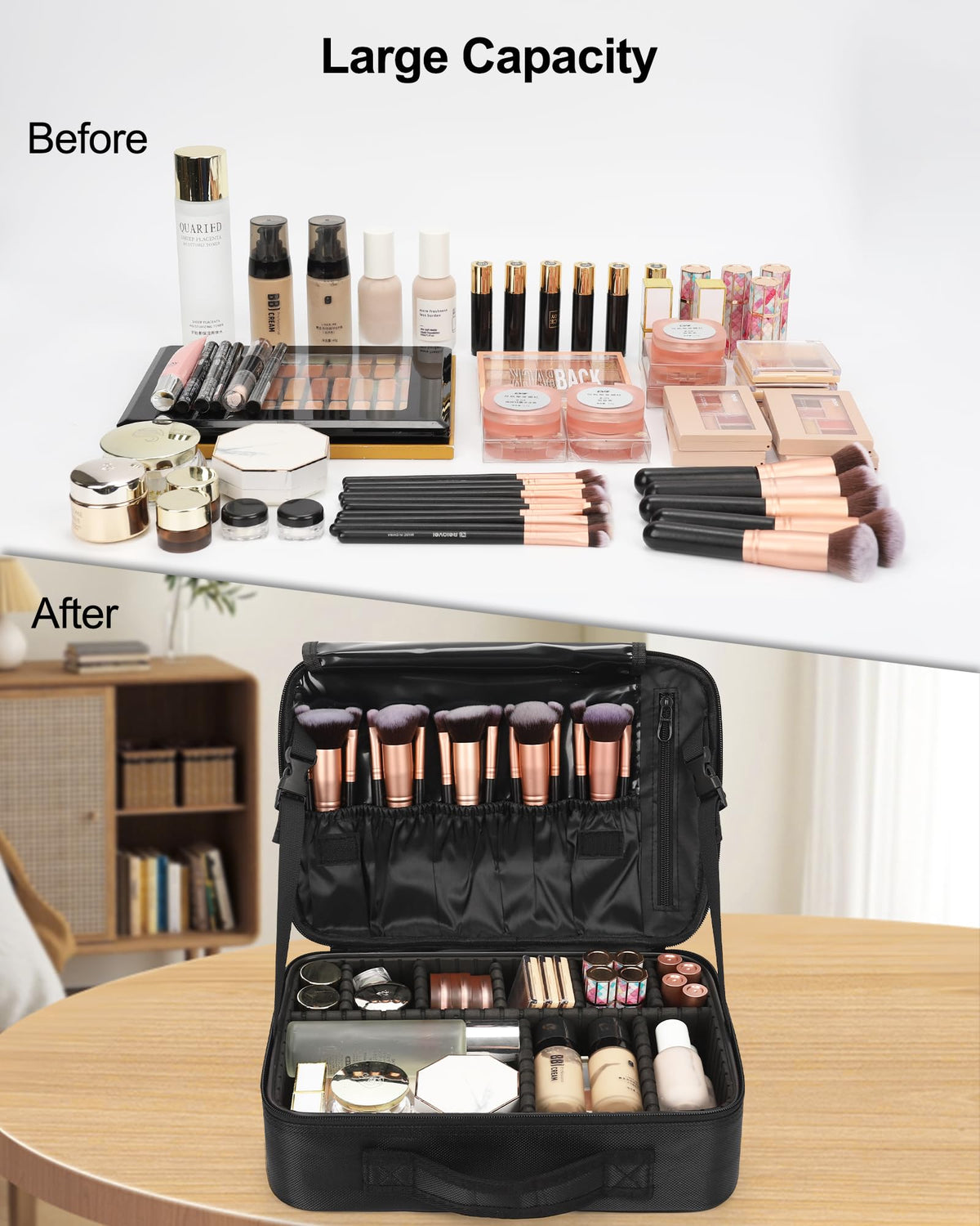 Relavel bottom compartment with adjustable dividers protecting bottles and palettes