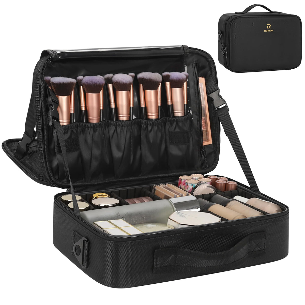 Relavel front view of black train case showing compact protective shape and handle