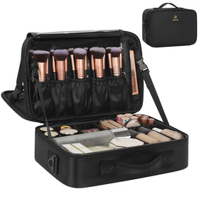 Relavel front view of black train case showing compact protective shape and handle